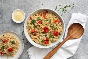 Garlic Tomato Orzo with Spinach & Basil