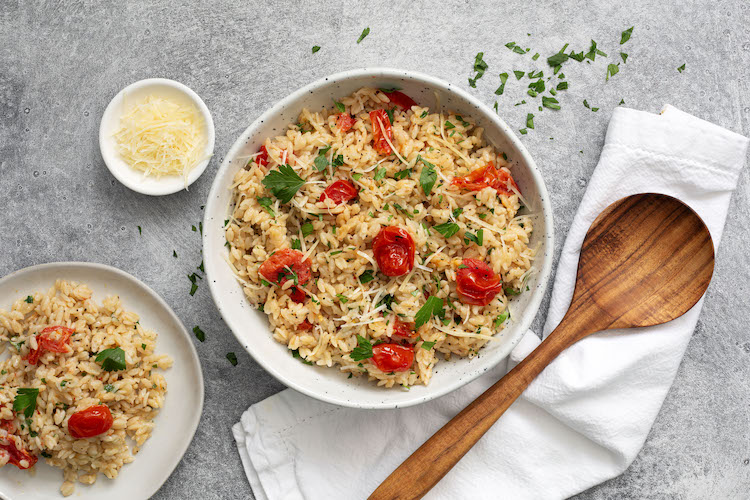 Gluten-Free Tomato Garlic Orzo Feature Garlic Tomato Orzo with Spinach & Basil